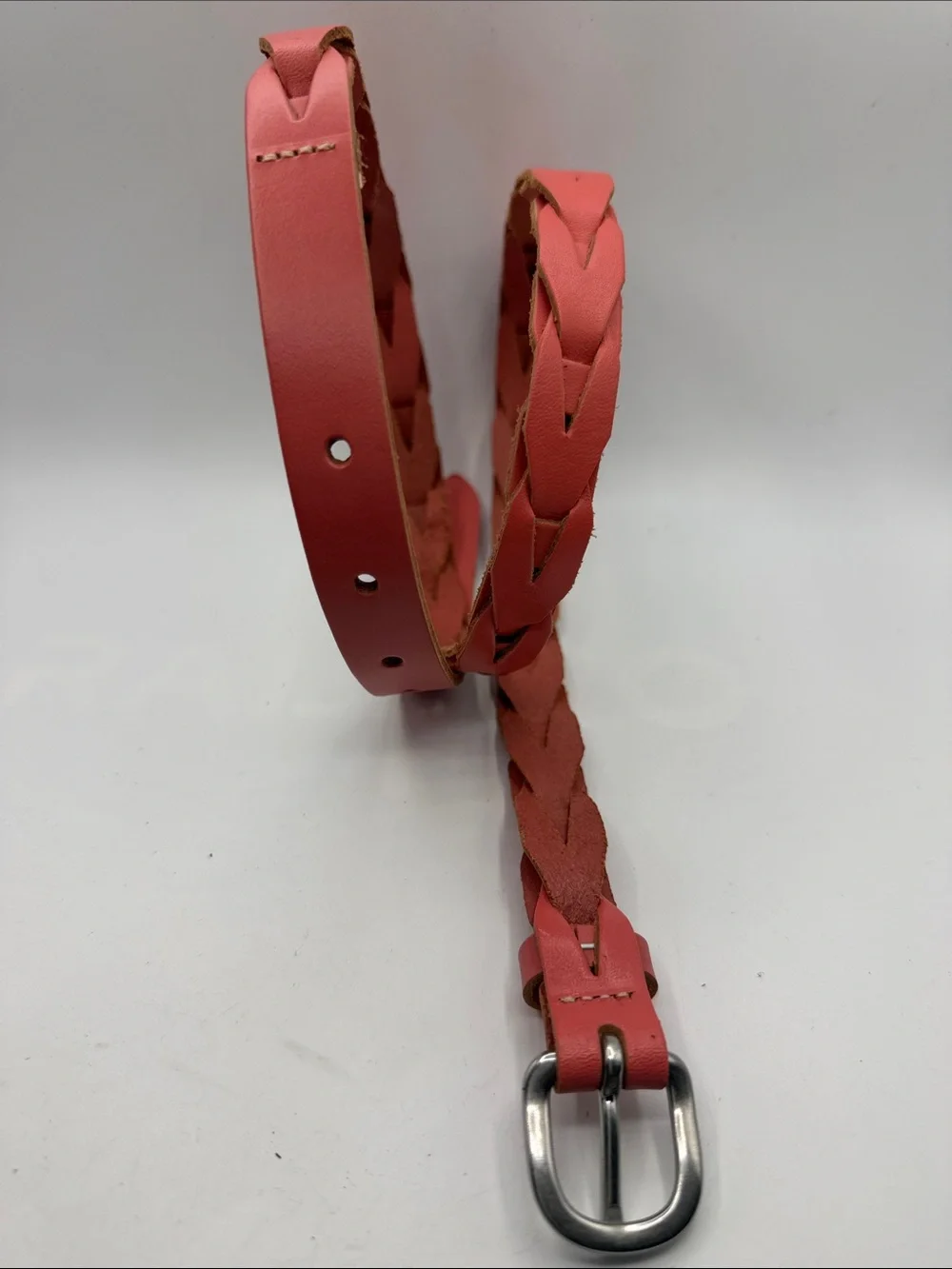 Coral Pink Skinny Braided Waist Belt | Salmon Pink Woven Belt S/M